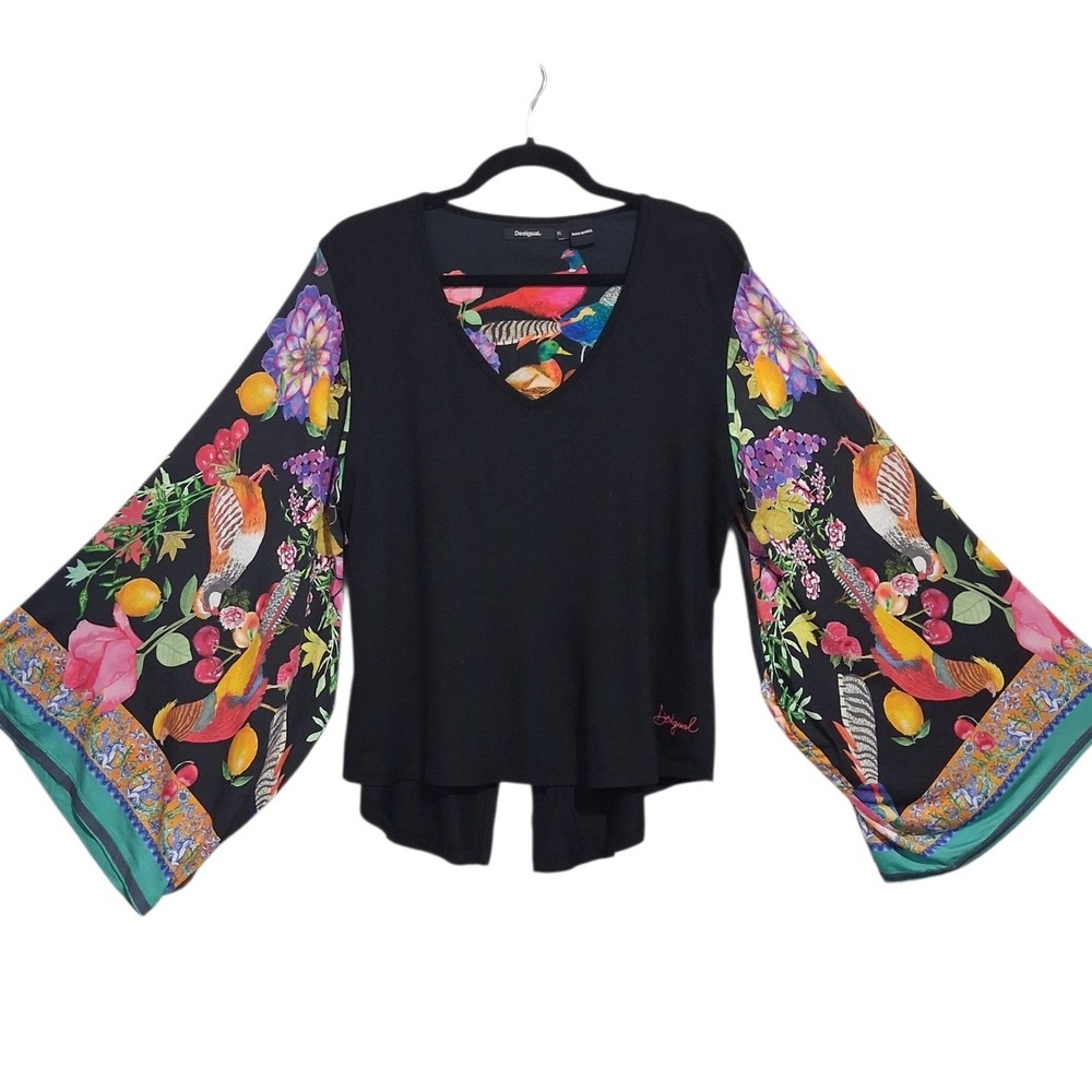 Desigual Exaggerated Colorful Bird Sleeves Womens size XL Stretchy Statement Top - Picture 5 of 16